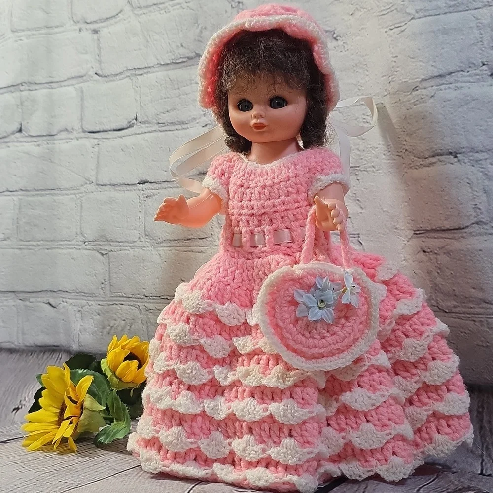 Vintage Angel Doll Brunette Crochet Dress and Accessories Pink White 14